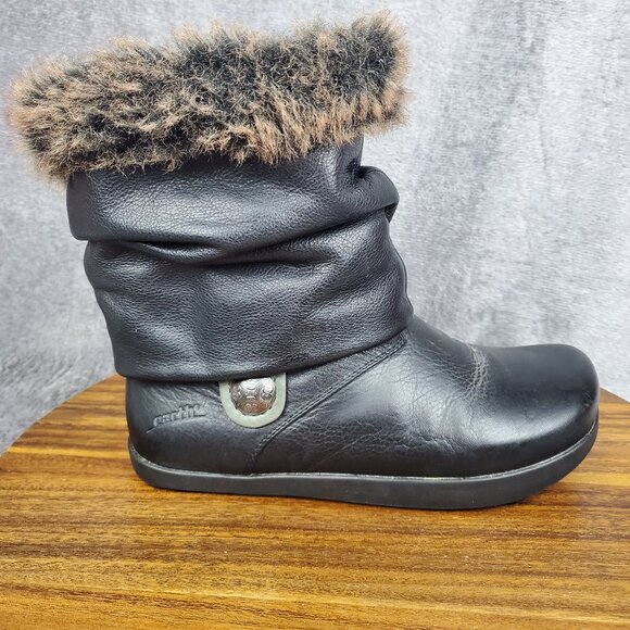 Earth Shoes - Earth Kalso Boots Women's 6.5 B Black Leather Pull On Faux Fur Comfort Booties